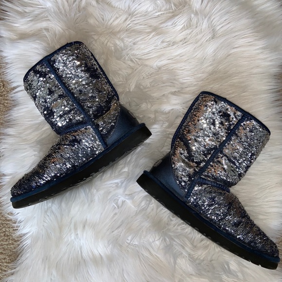 UGG Sequin Blue Classic Short Boots Size 8 - Picture 2 of 11